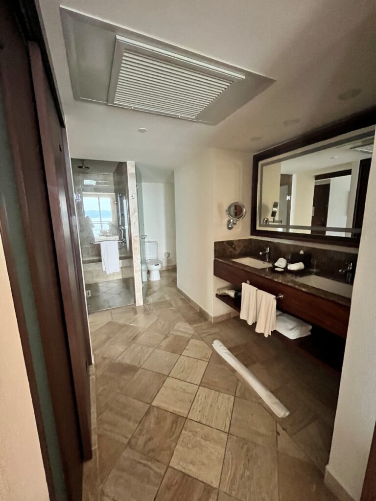 Hotel room bathroom at Hyatt Ziva Puerto Vallarta. 