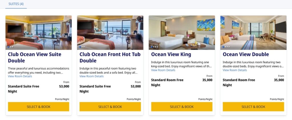 A chart showing example rooms bookable with points at Hyatt Ziva Puerto Vallara