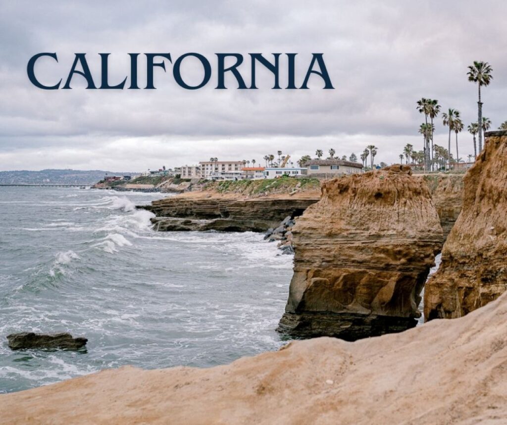 Dramatic coastal view of Sunset Cliffs in San Diego, California, featuring rugged sandstone formations, crashing waves, palm trees, and buildings lining the cliffside under a cloudy sky.