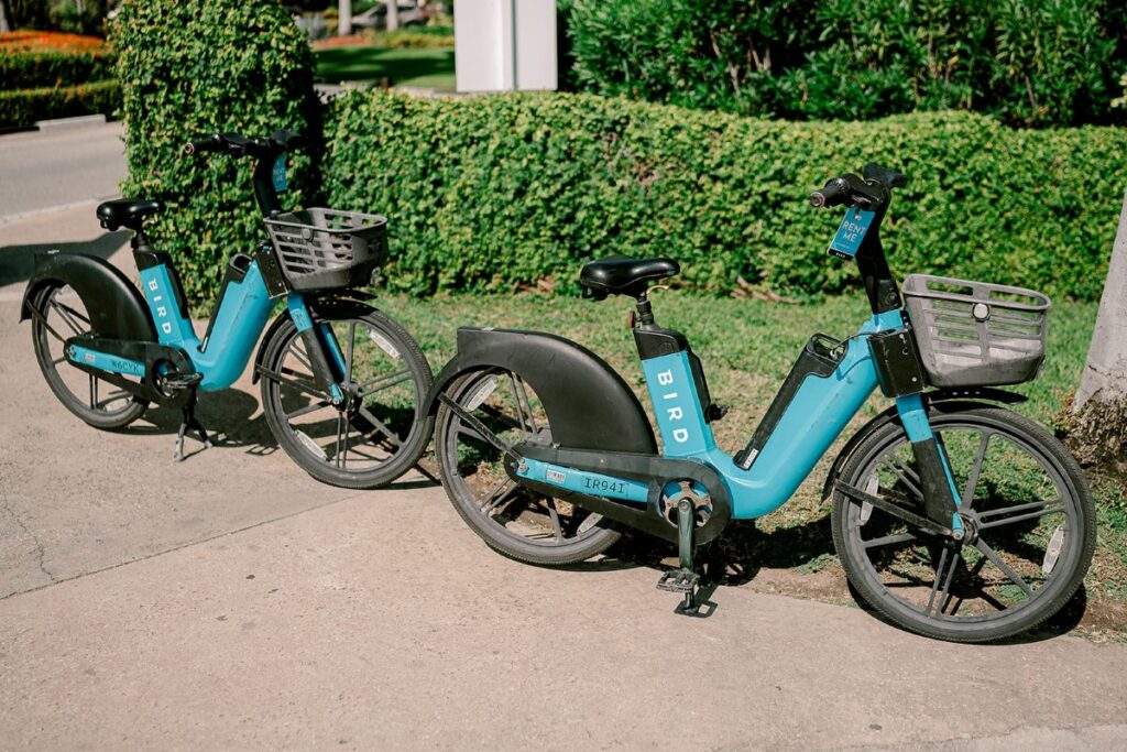 Two turquoise Bird rental bikes parked on a sunny pathway in Aruba, surrounded by lush green hedges and tropical landscaping — perfect for eco-friendly island exploration.