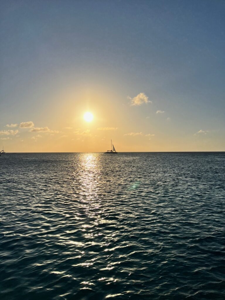 A peaceful sunset over the ocean with a silhouette of a catamaran sailing across the shimmering water, capturing the tranquil beauty of an evening cruise in the Caribbean